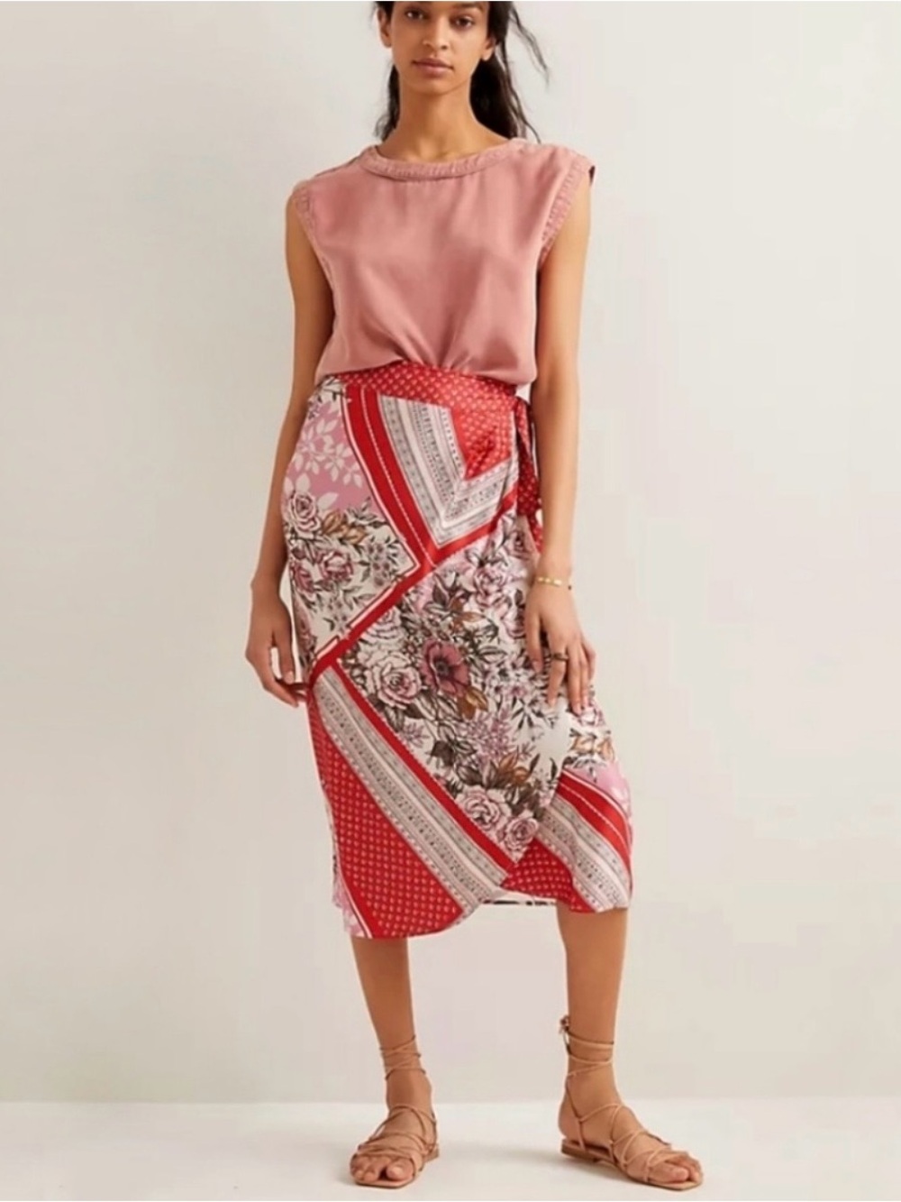Anthropologie Pink and Red Floral Patchwork Wrap Midi Skirt Size: Medium (NWT) - Picture 2 of 8